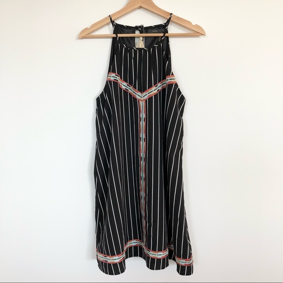 THML embroidered striped halter neck tassel tie back mini A-line dress